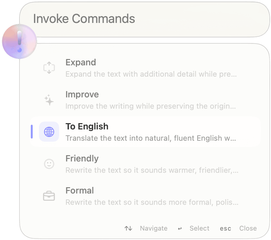 !nvoker command menu showing translation and writing commands